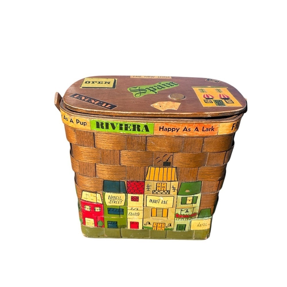 Caro Nan Signed Unique Vintage 1960s Hand Painted Hinged Basket Wooden Lid - Picture 2 of 5